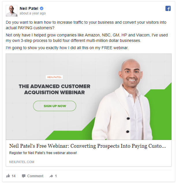 neil patel free webinar post.