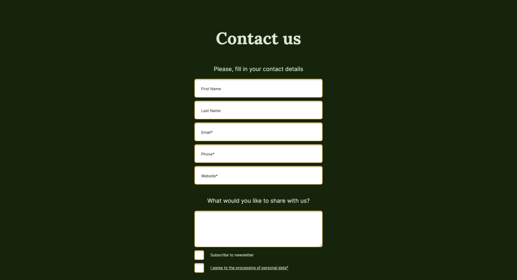 Contact form titled 'Contact us' with fields for first name, last name, email, phone, and website, followed by a message box and checkboxes for subscribing to the newsletter and agreeing to personal data processing.