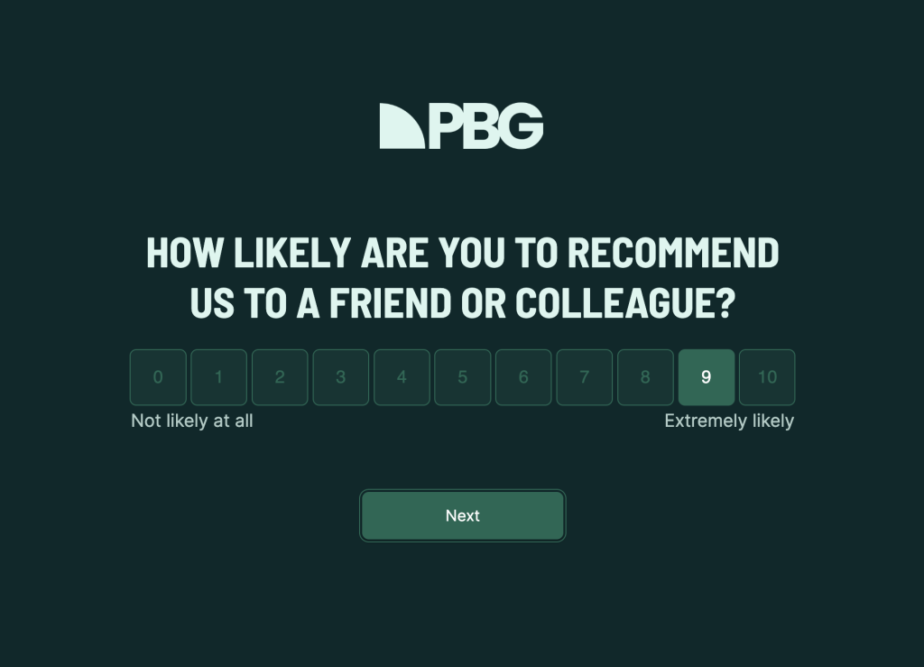 Simple NPS® survey displaying satisfaction score from "Not likely at all" to "Extremely likely".