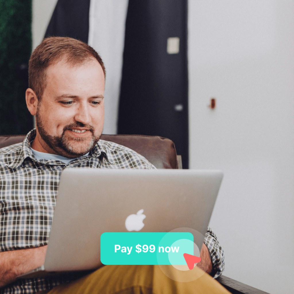 A man looking into a computer sitting on a chair. "Pay now" button overlaying the picture indicating a paying experience.